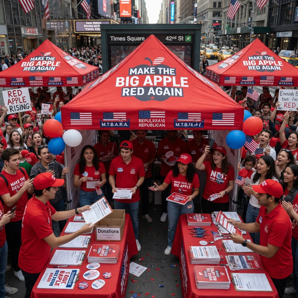 Make Big Apple Red Again rally in Times Square — volunteers handing out materials under red MBARA tents.